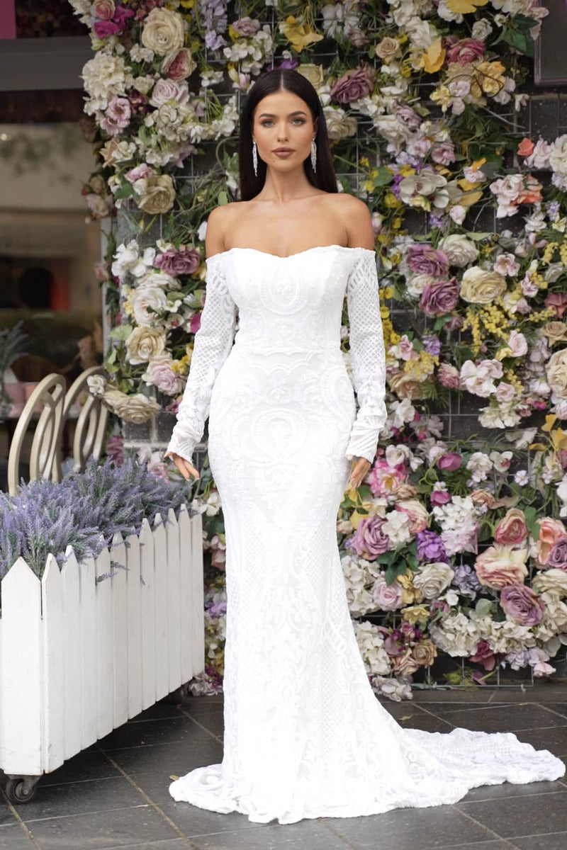 White Off-The-Shoulder Long Sleeve Fitted Sequin Bridal Gown