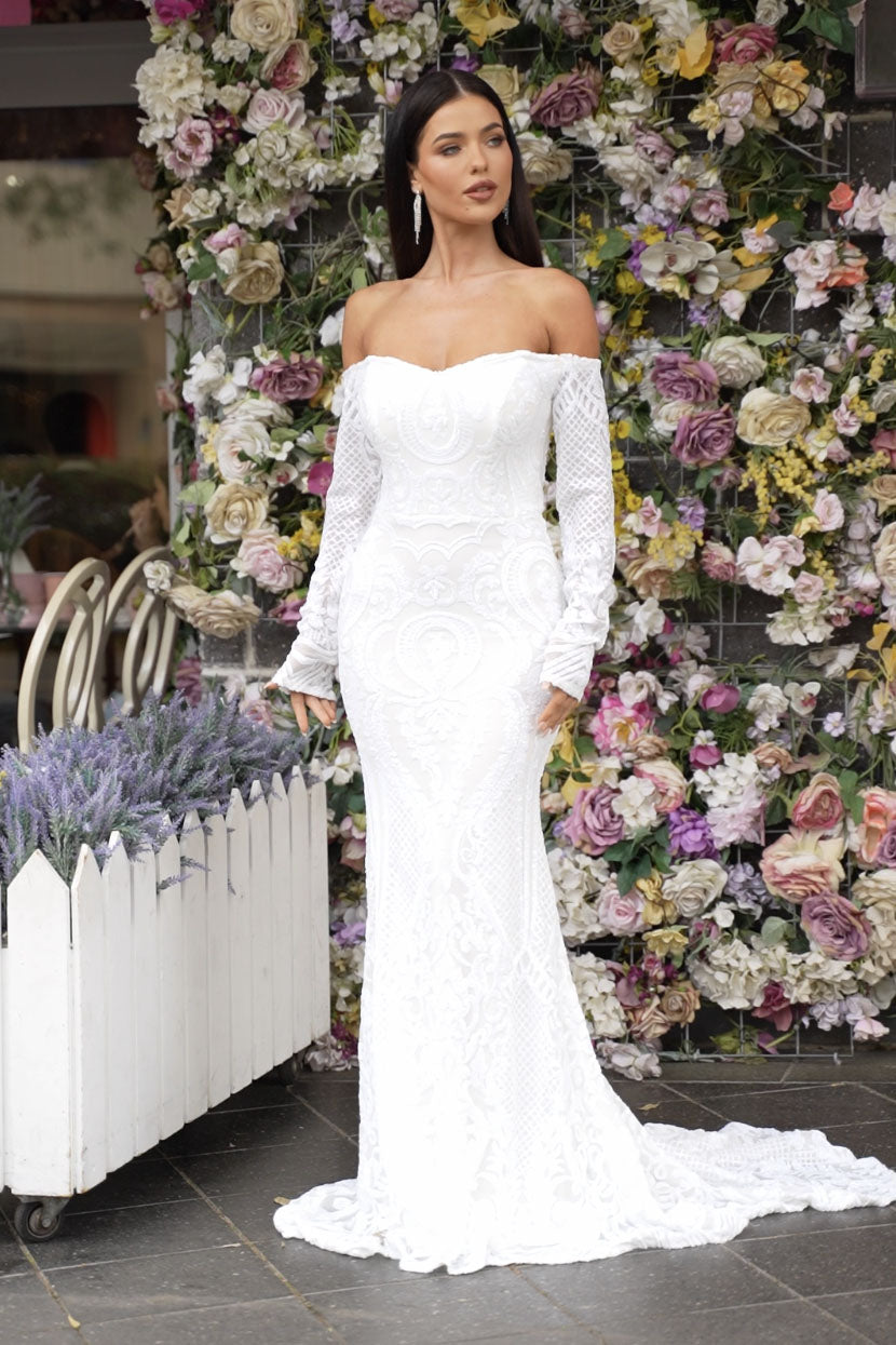 Fitted off-shoulder embellished wedding dress with long cape – Ramialali