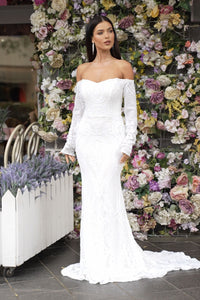 Full Length Image of White Off-The-Shoulder Long Sleeve Fitted Sequin Bridal Gown