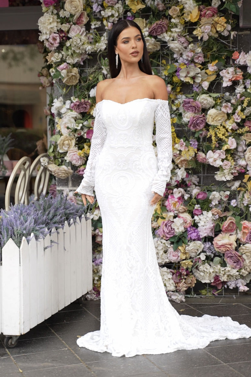 Gianna Off-Shoulder Long Sleeve Gown - White/White NB LUXE Gianna Off-Shoulder Long Sleeve Gown - White/White NB LUXE