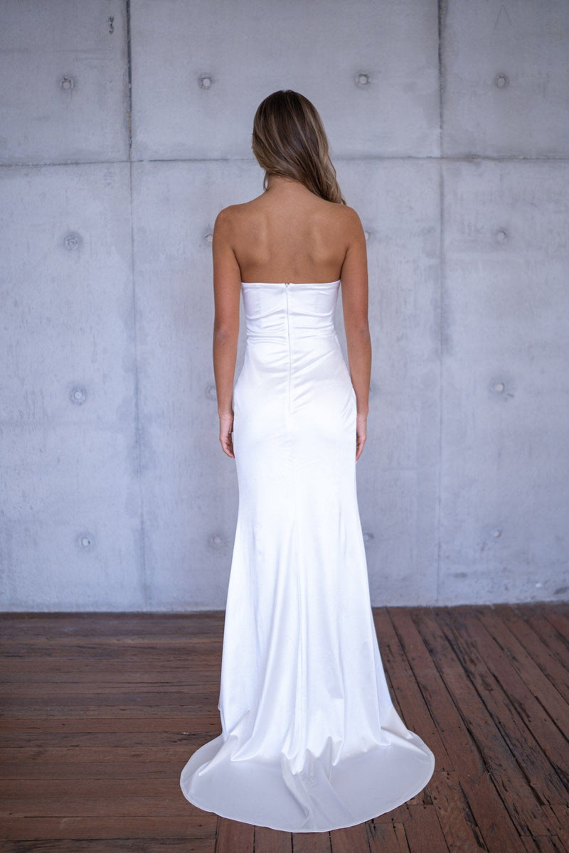white christmas dresses WHITE STRAPLESS CORSET JERSEY DRAPED GOWN
