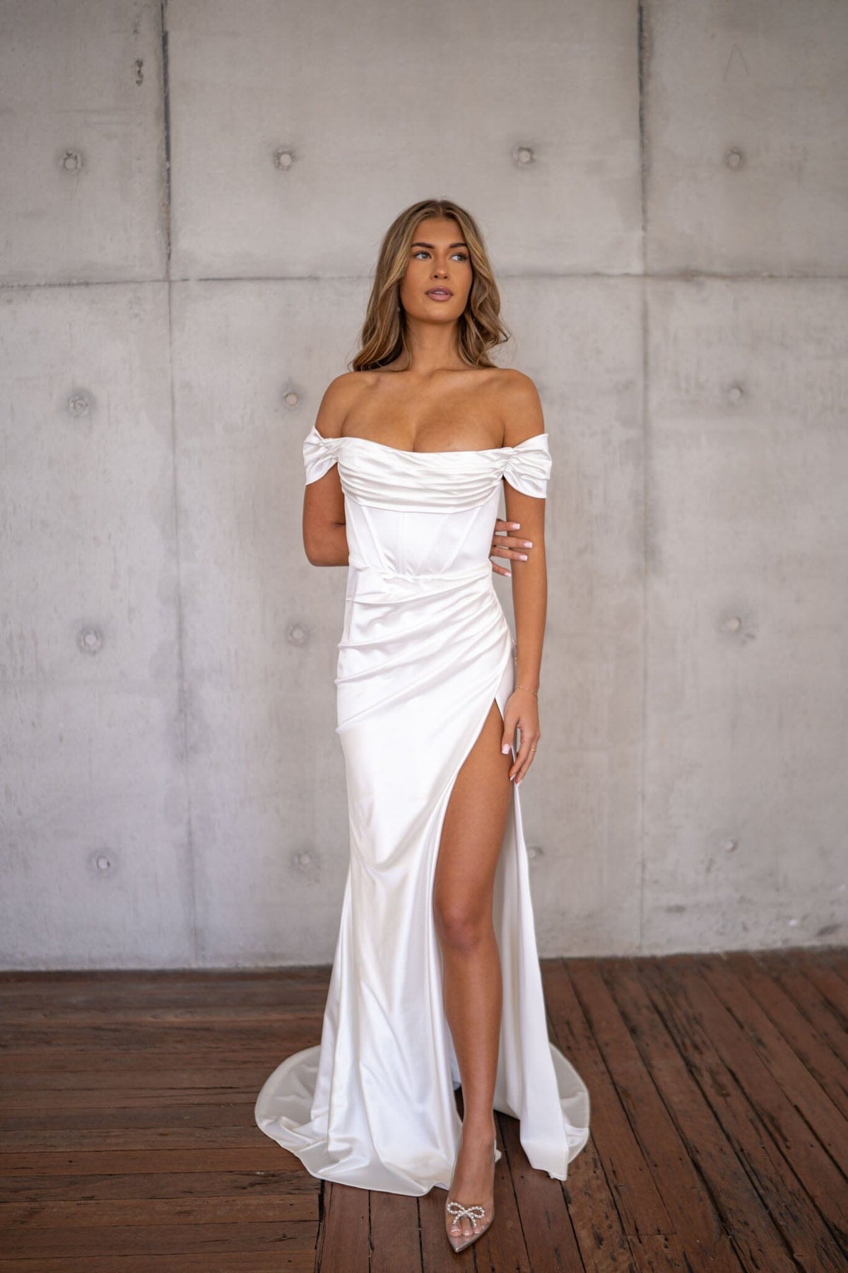 off the shoulder fitted bridesmaid dress Kane Asymmetrical Off the Shoulder Bridesmaid Dress