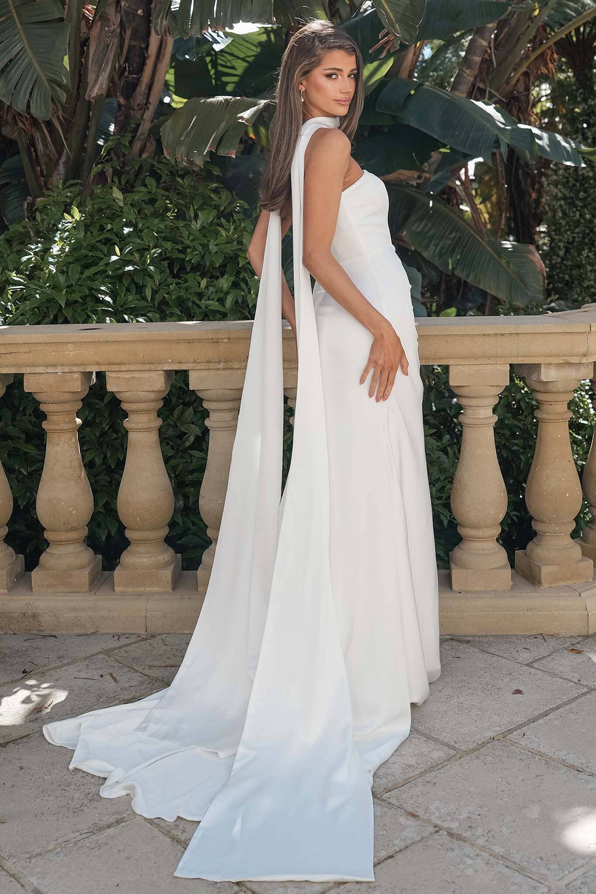 JULIA 370cm satin bridal scarf in white featuring extra-long flowing panels that extend beyond the wedding gown, creating a dramatic train effect