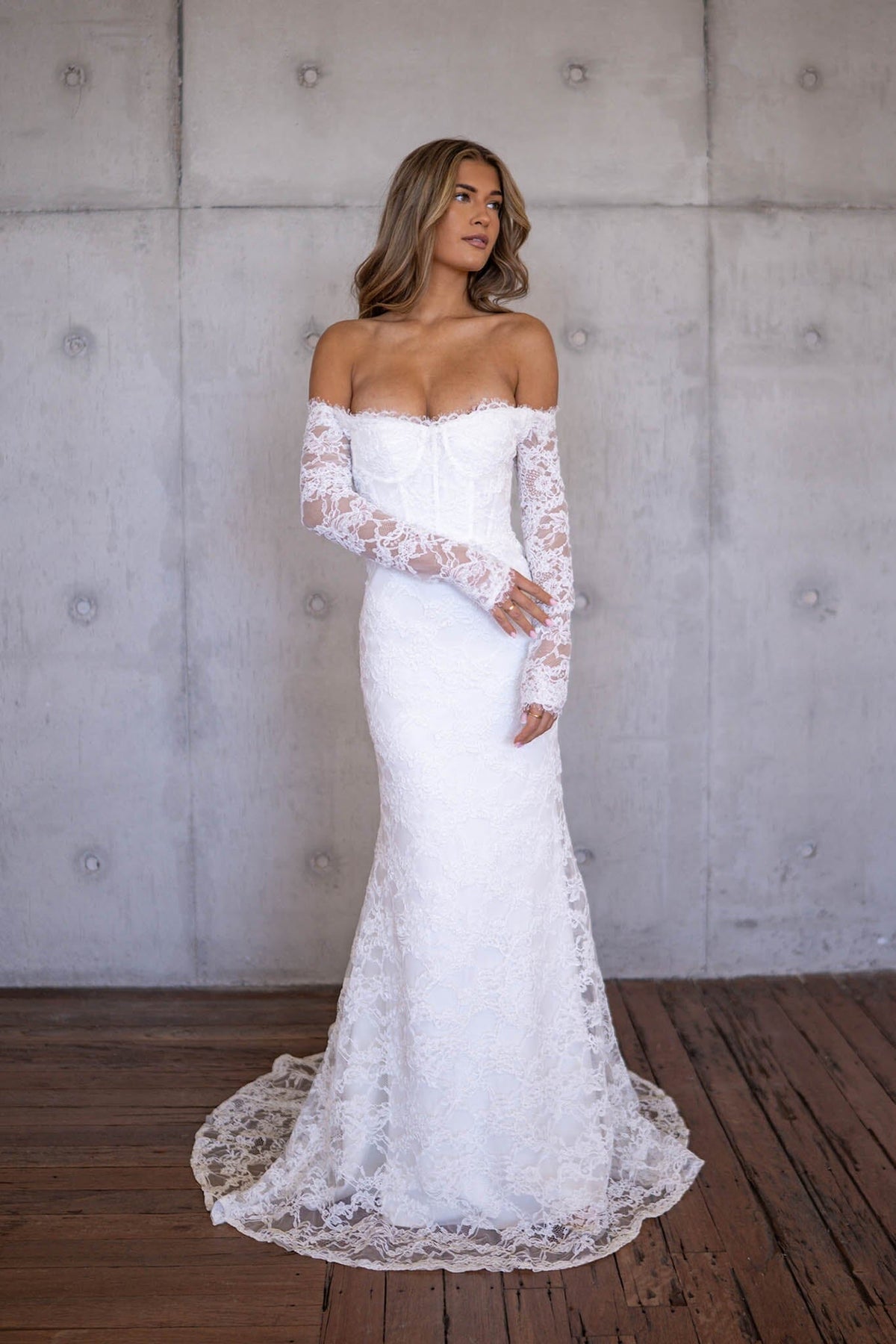 Marisa Off-Shoulder Long Sleeve Lace Gown