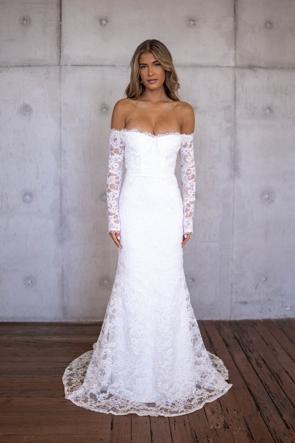 Marisa Off-Shoulder Long Sleeve Lace Gown