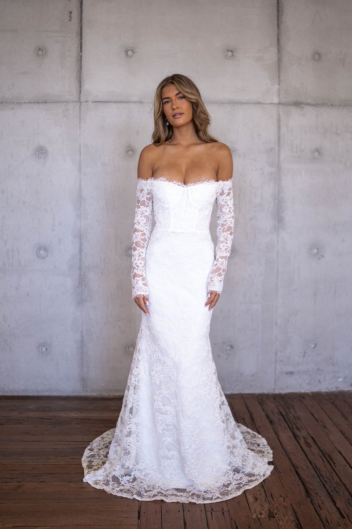 Marisa Off-Shoulder Long Sleeve Lace Gown - Ivory M
