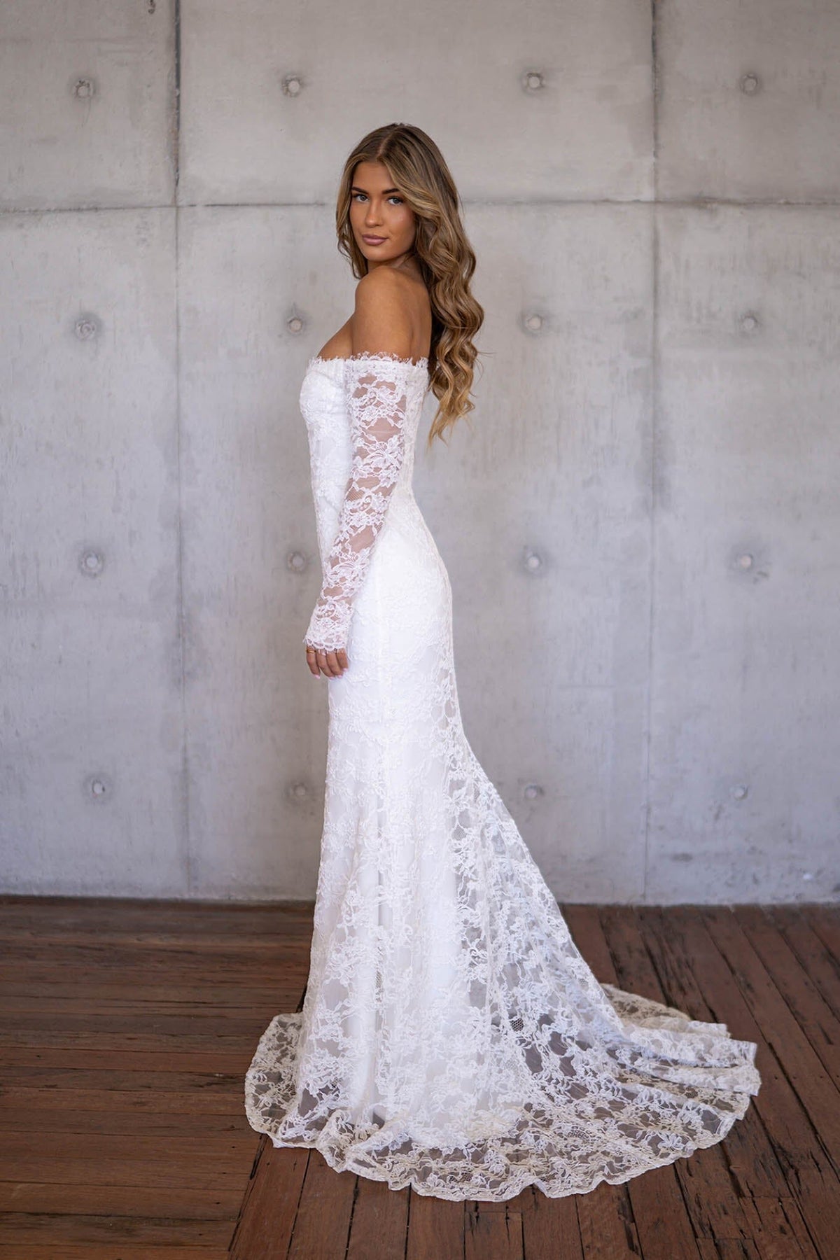 Marisa Off-Shoulder Long Sleeve Lace Gown - Ivory M Marisa Off-Shoulder Long Sleeve Lace Gown - Ivory M