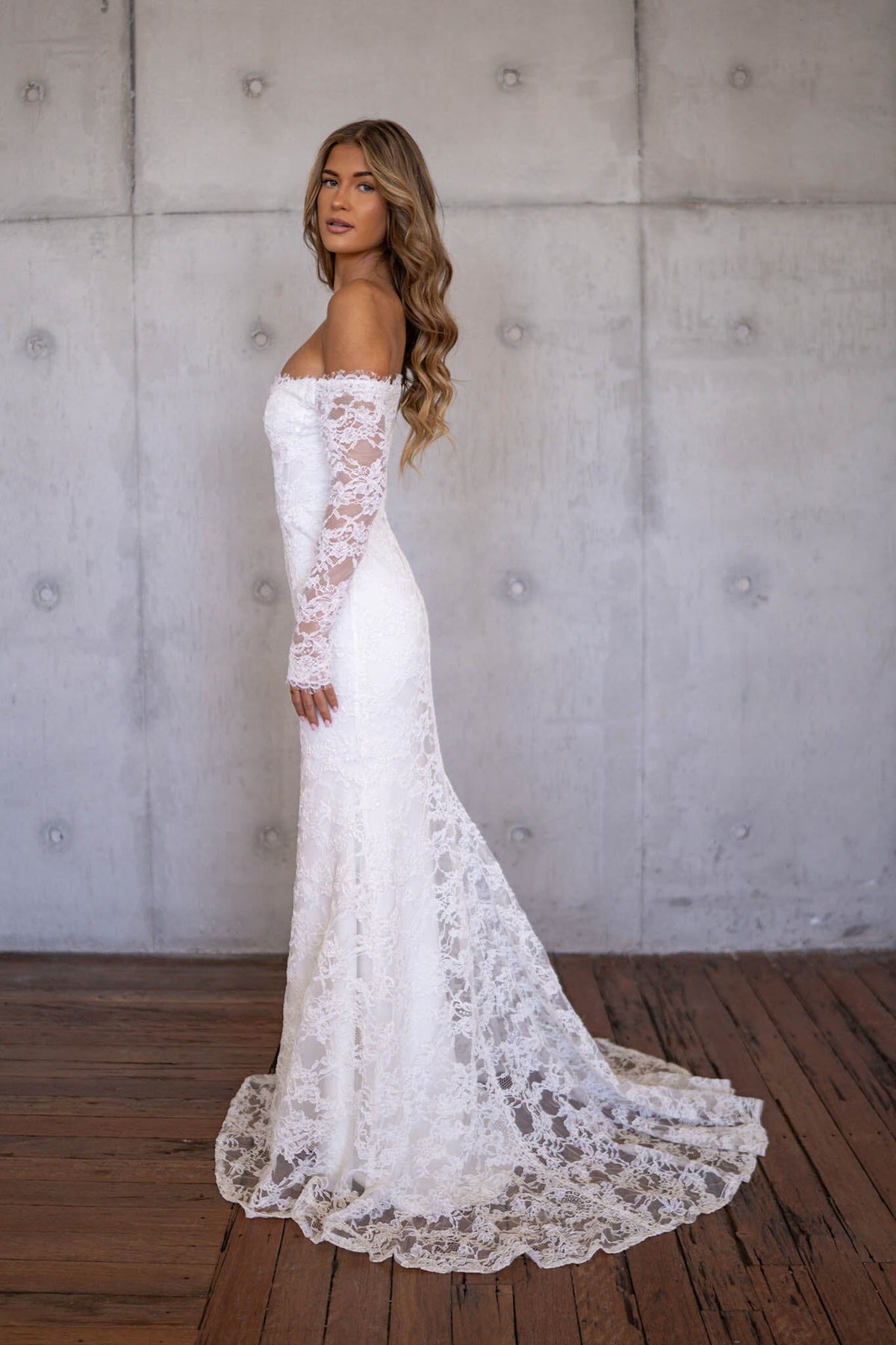 Marisa Off-Shoulder Long Sleeve Lace Gown
