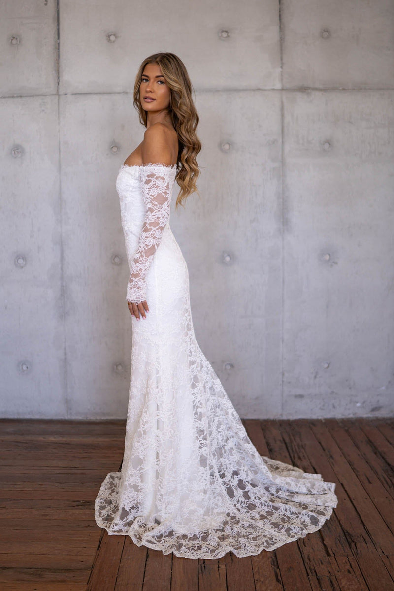 Marisa Off-Shoulder Long Sleeve Lace Gown
