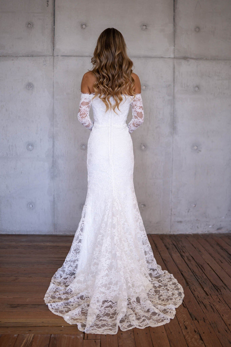 Marisa Off-Shoulder Long Sleeve Lace Gown - Ivory M Marisa Off-Shoulder Long Sleeve Lace Gown - Ivory M
