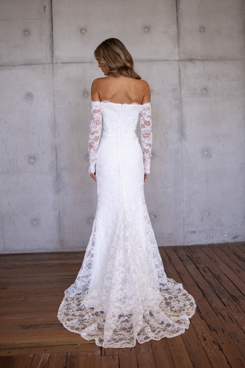Marisa Off-Shoulder Long Sleeve Lace Gown - Ivory M Marisa Off-Shoulder Long Sleeve Lace Gown - Ivory M