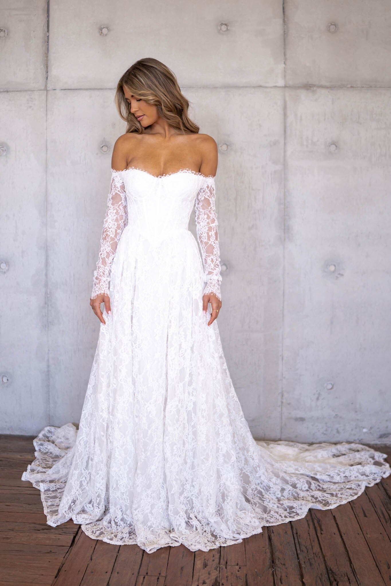 Monique Off-Shoulder Long Sleeve A-line Lace Gown - Ivory 4XL Monique Off-Shoulder Long Sleeve A-line Lace Gown - Ivory 4XL