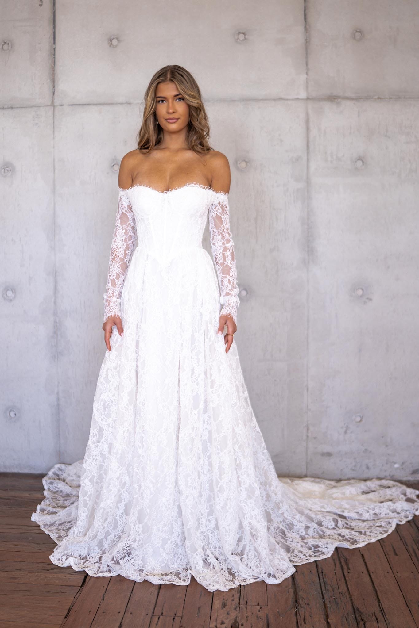 Monique Off-Shoulder Long Sleeve A-line Lace Gown - Ivory 4XL Monique Off-Shoulder Long Sleeve A-line Lace Gown - Ivory 4XL