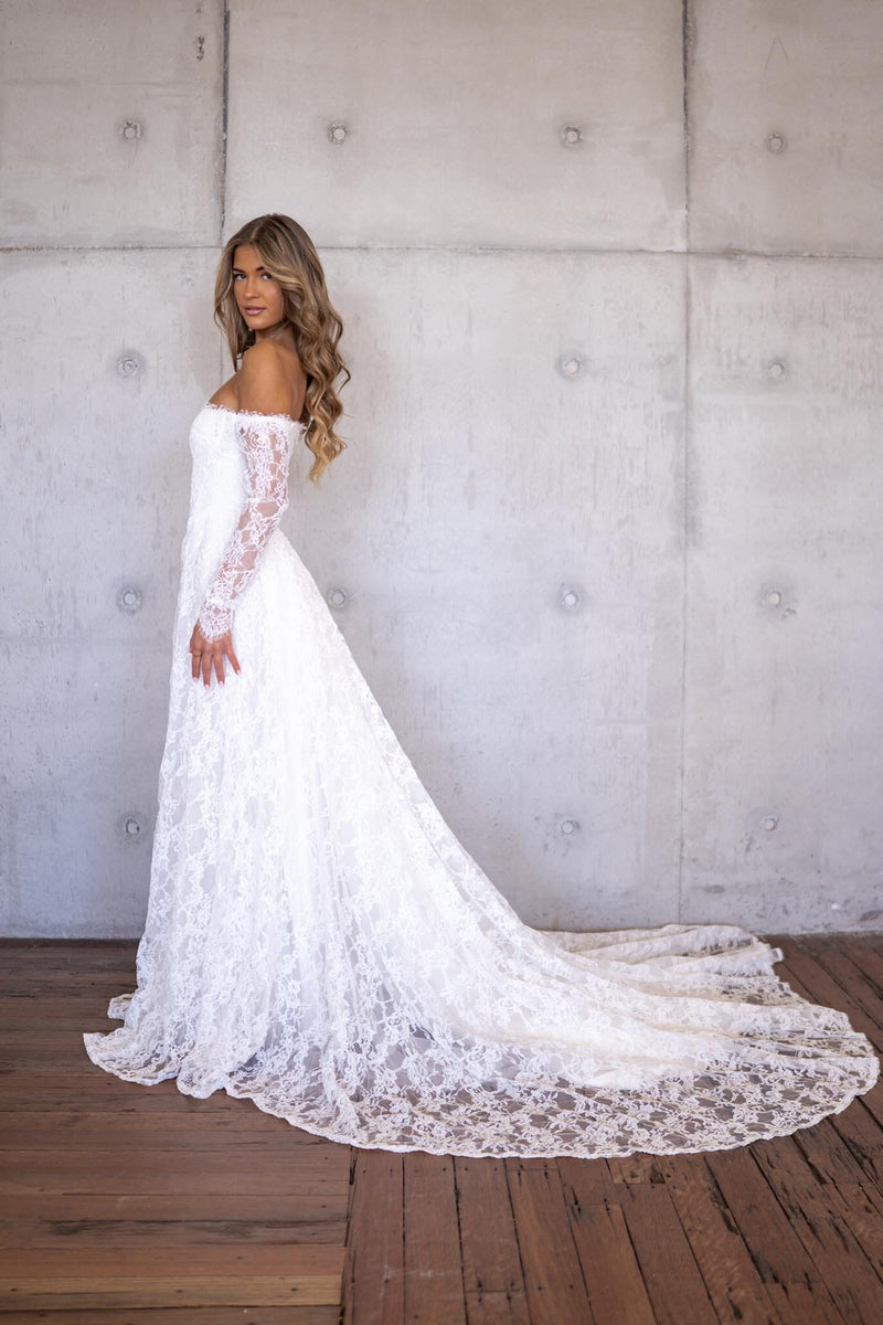 Monique Off-Shoulder Long Sleeve A-line Lace Gown - Ivory 4XL Monique Off-Shoulder Long Sleeve A-line Lace Gown - Ivory 4XL