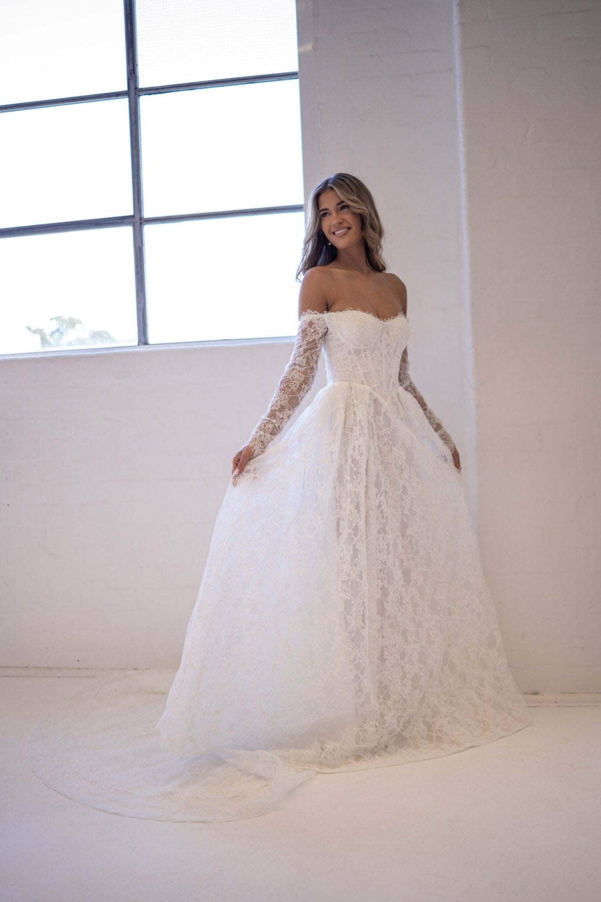 Monique Off-Shoulder Long Sleeve A-Line Lace Gown - Ivory 4XL Monique Off-Shoulder Long Sleeve A-Line Lace Gown - Ivory 4XL