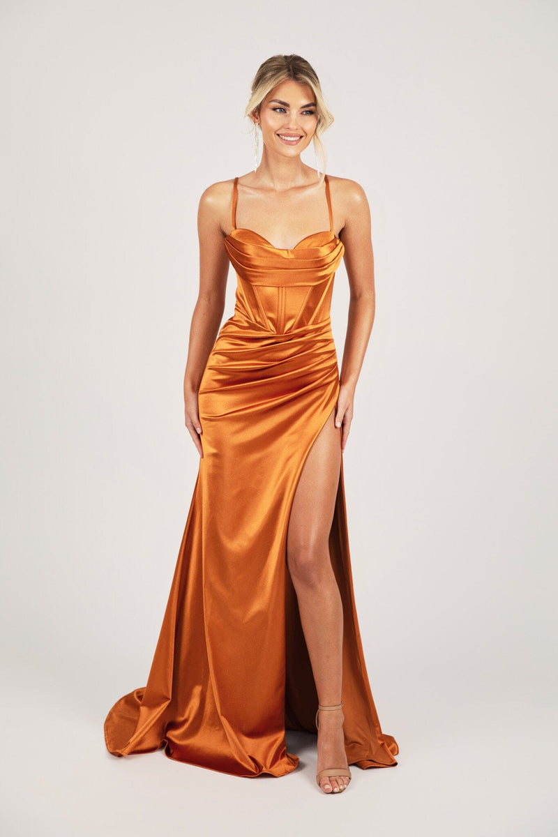 burnt orange evening dress Satin A-Line Maxi length A SHANTE Lace Up Back Corset