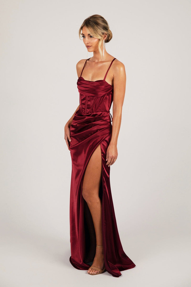 SHANTE Lace Up Back Corset Gown - Deep Red NB LUXE SHANTE Lace Up Back Corset Gown - Deep Red NB LUXE