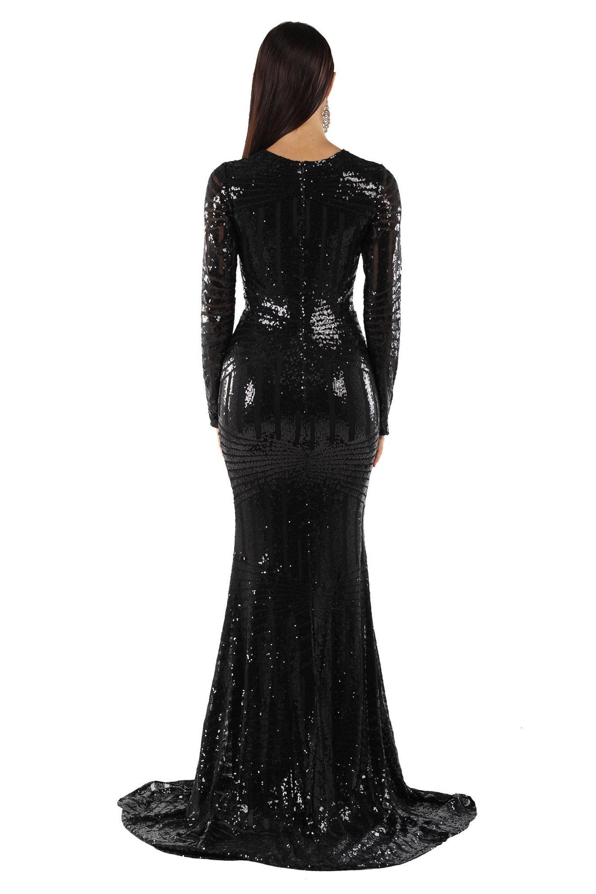black sequin mermaid dress with sleeves Plus V Neck Long Sleeve Black Sequins Mermaid Dress Black / 3XL