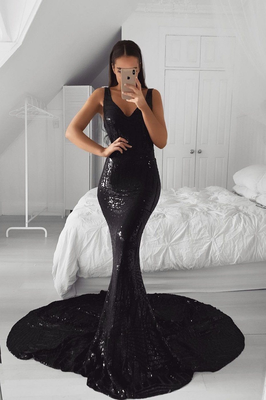Black Geo Pattern Sequin Full Length Evening Gown with Sweetheart Neckline, Shoulder Straps, Open Back, Fit & Flare Mermaid Silhouette and Floor Sweeping Train
