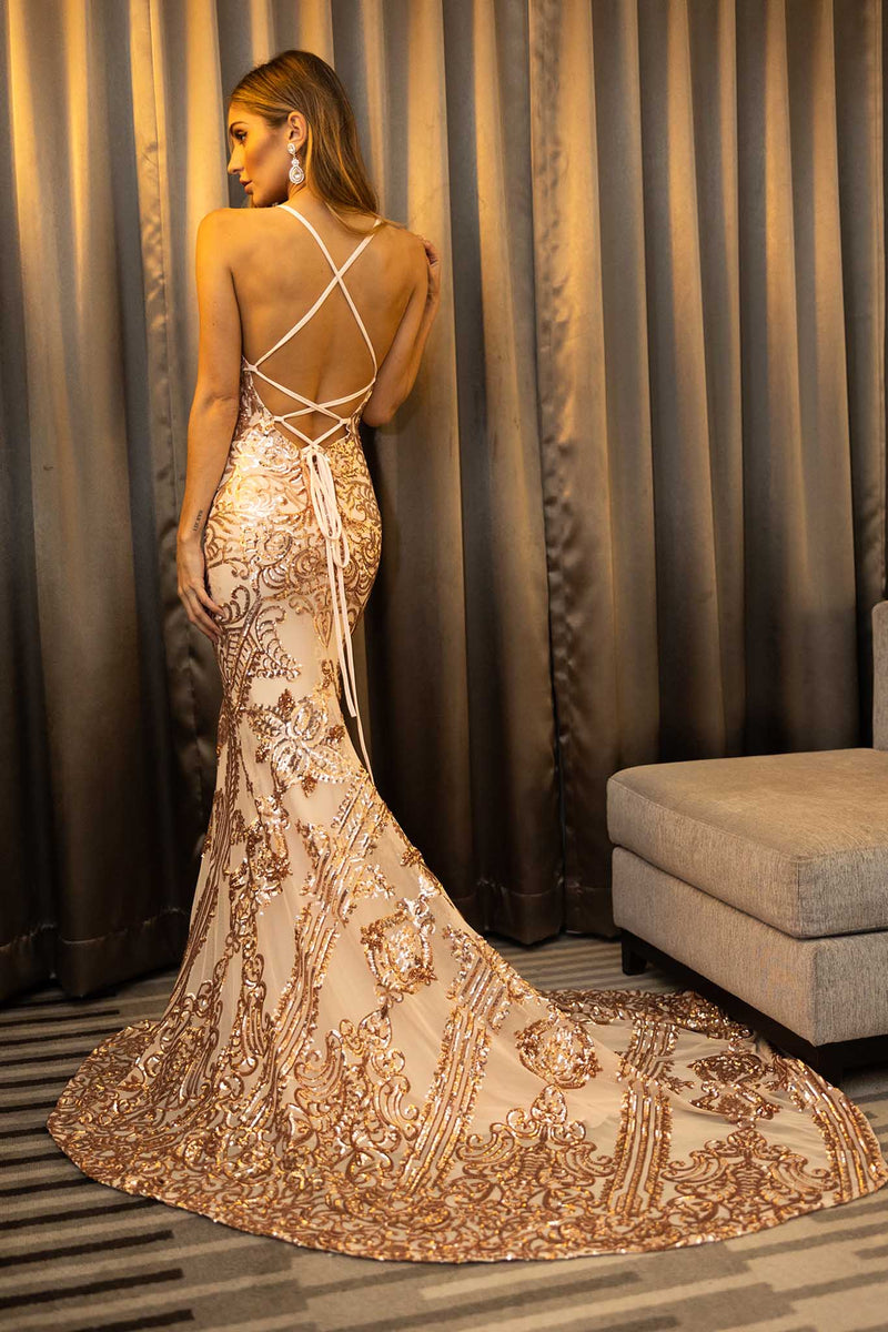AMIYA Lace Up Back Pattern Sequin Gown - Rose Gold 4XL AMIYA Lace Up Back Pattern Sequin Gown - Rose Gold 4XL