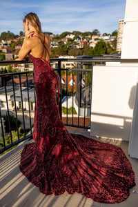 Deep Red Vintage Pattern Sequin Floor Length Evening Gown with V Neckline, Lace Up Open Back, Fit & Flare Mermaid Skirt and Floor Sweeping Train