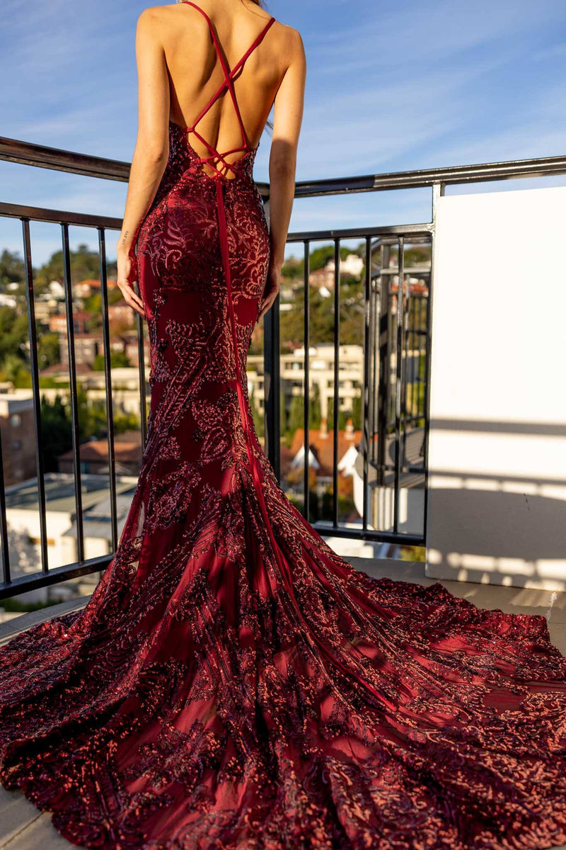 Amiya Lace Up Back Pattern Sequin Gown - Wine L Amiya Lace Up Back Pattern Sequin Gown - Wine L
