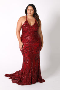 Plus Size Deep Red Vintage Pattern Sequin Floor Length Evening Gown with V Neckline, Lace Up Open Back, Fit & Flare Mermaid Skirt and Floor Sweeping Train