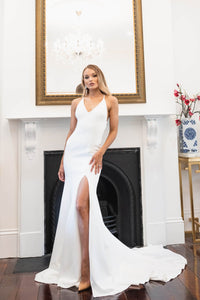 Minimalist Fitted Crepe Wedding Gown with V Neckline, Side Split and Lace Up Open Back in Ivory