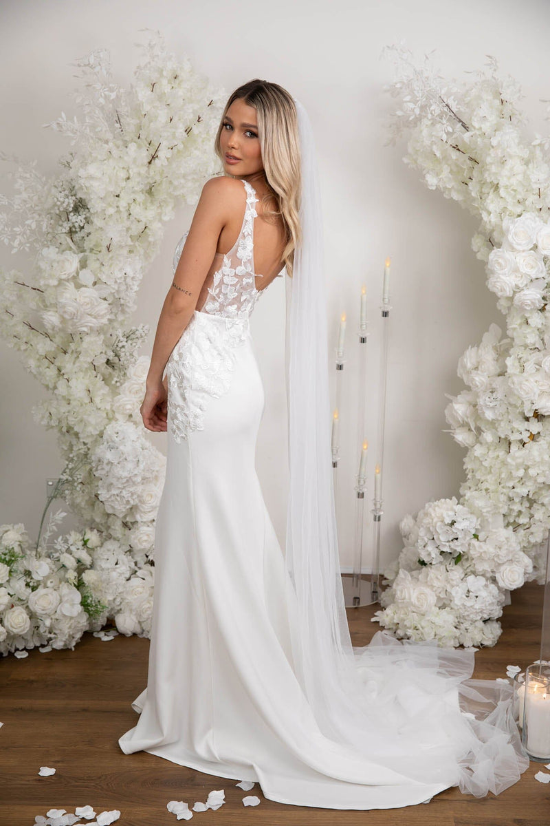 Form Fitting Ivory White Wedding Gown with V Neck, Lace Motif Detailing, Open Back and Sweep Train worn with a Long Tulle Veil