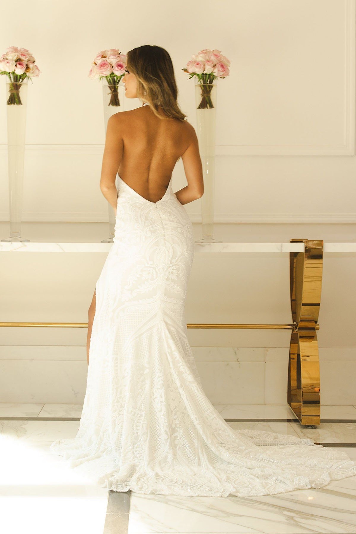 ARDEN Halter Neck Pattern Sequin Gown - White/White NB LUXE ARDEN Halter Neck Pattern Sequin Gown - White/White NB LUXE