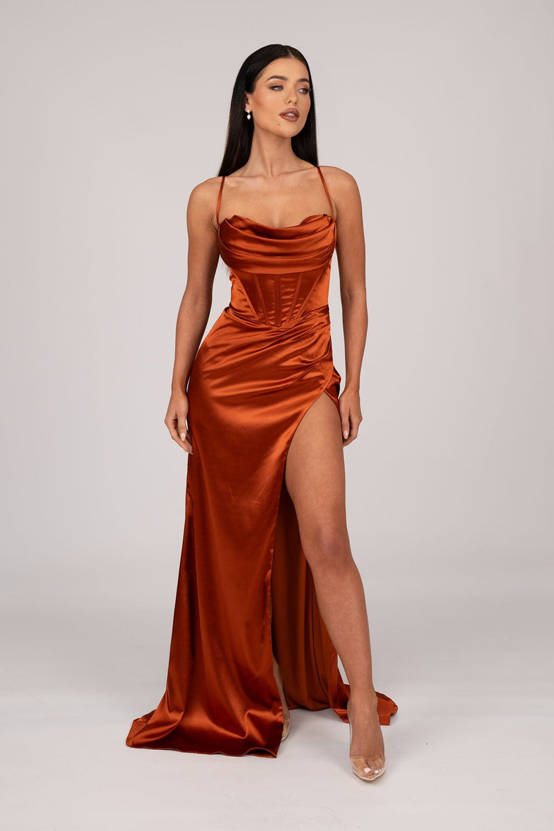 corset over satin dress Long Corset Cowl Neckline Formal Satin Gown by Cinderella Divine 7483 OLIVE / 2