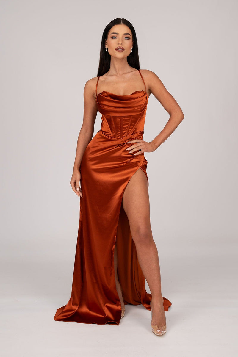 AYANA Corset Satin Gown - Burnt Orange NB LUXE AYANA Corset Satin Gown - Burnt Orange NB LUXE