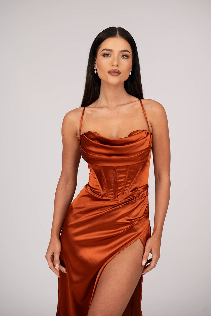 AYANA Corset Satin Gown - Burnt Orange