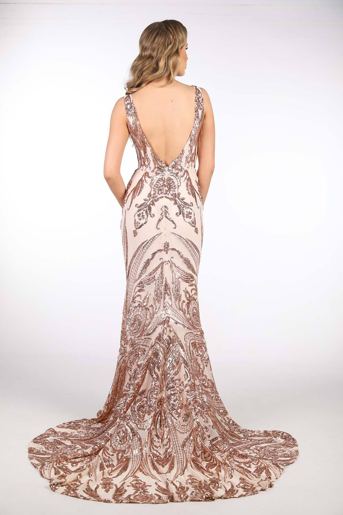 Open Back Design of Rose Gold Pattern Sequin Gown with V Neckline, Mermaid Silhouette and Sweep Train