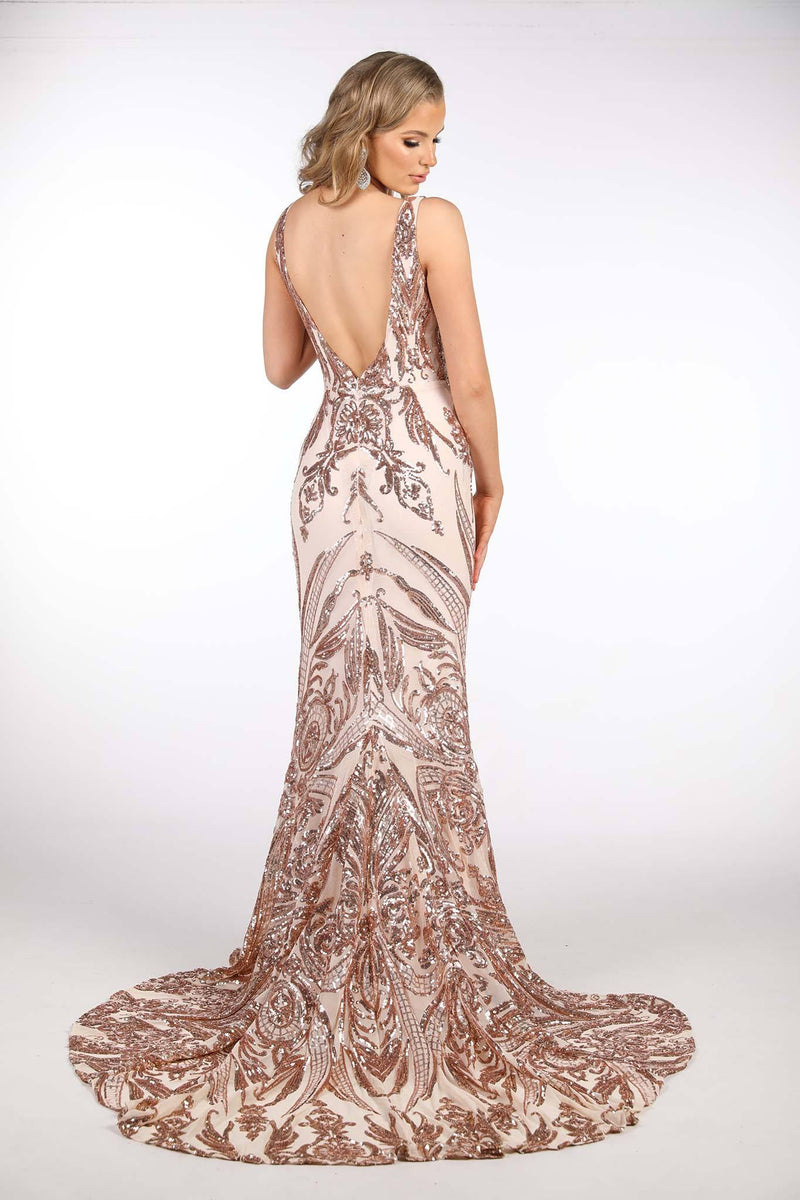 Open Back Design of Rose Gold Pattern Sequin Gown with V Neckline, Mermaid Silhouette and Sweep Train