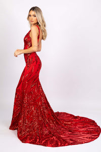 Adeline Pattern Sequin Gown - Red