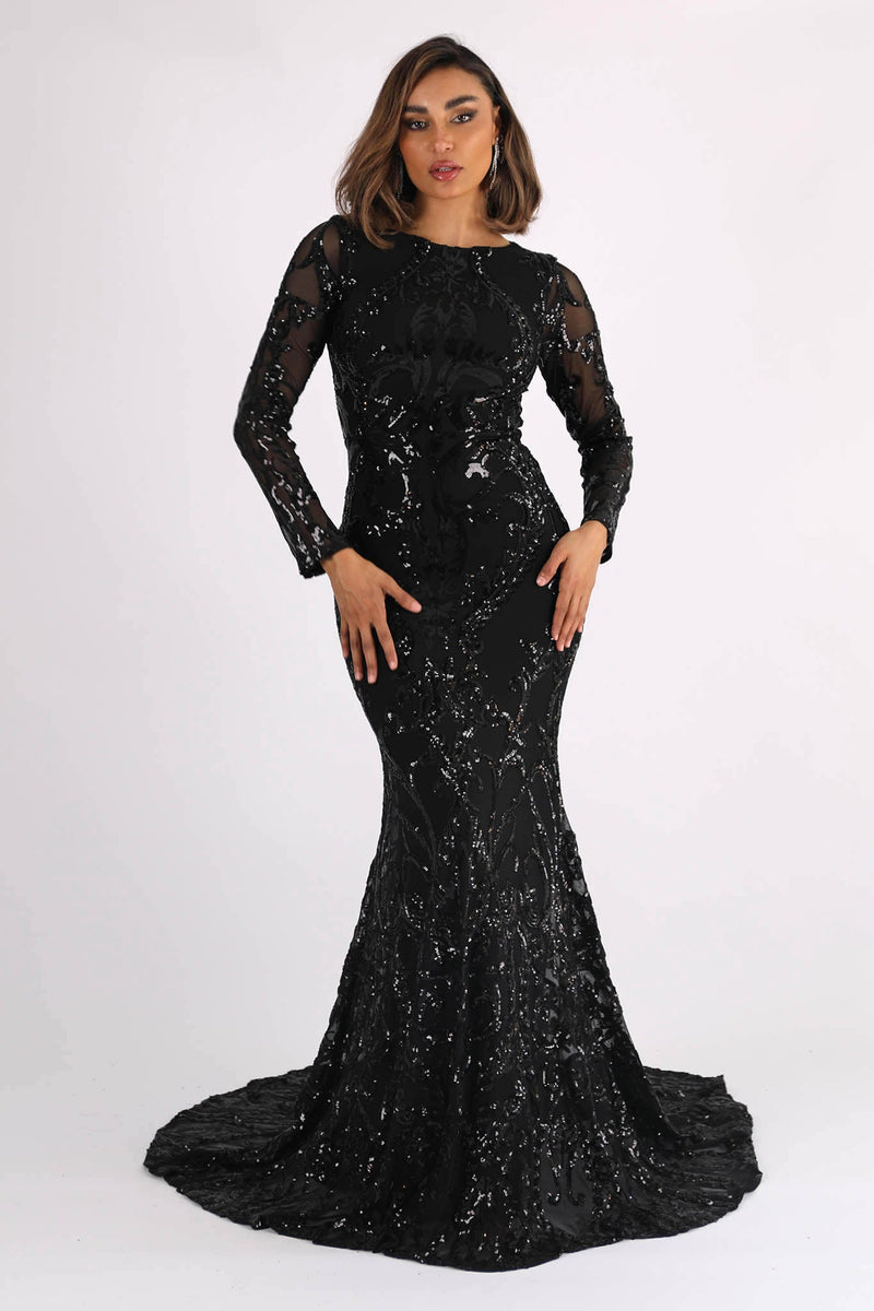 Black Long Sleeve Pattern Sequin Floor Length Evening Gown with Round Neck and Fit & Flare Silhouette