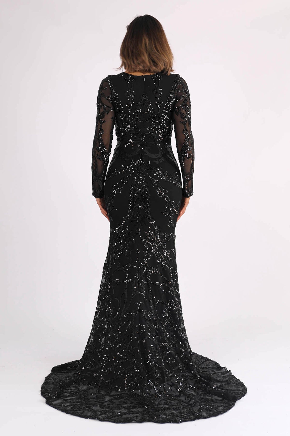 Back Image of Black Long Sleeve Pattern Sequin Floor Length Evening Gown with Round Neck and Fit & Flare Silhouette