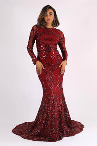 Dark Red Long Sleeve Pattern Sequin Floor Length Evening Gown with Round Neck and Fit & Flare Silhouette