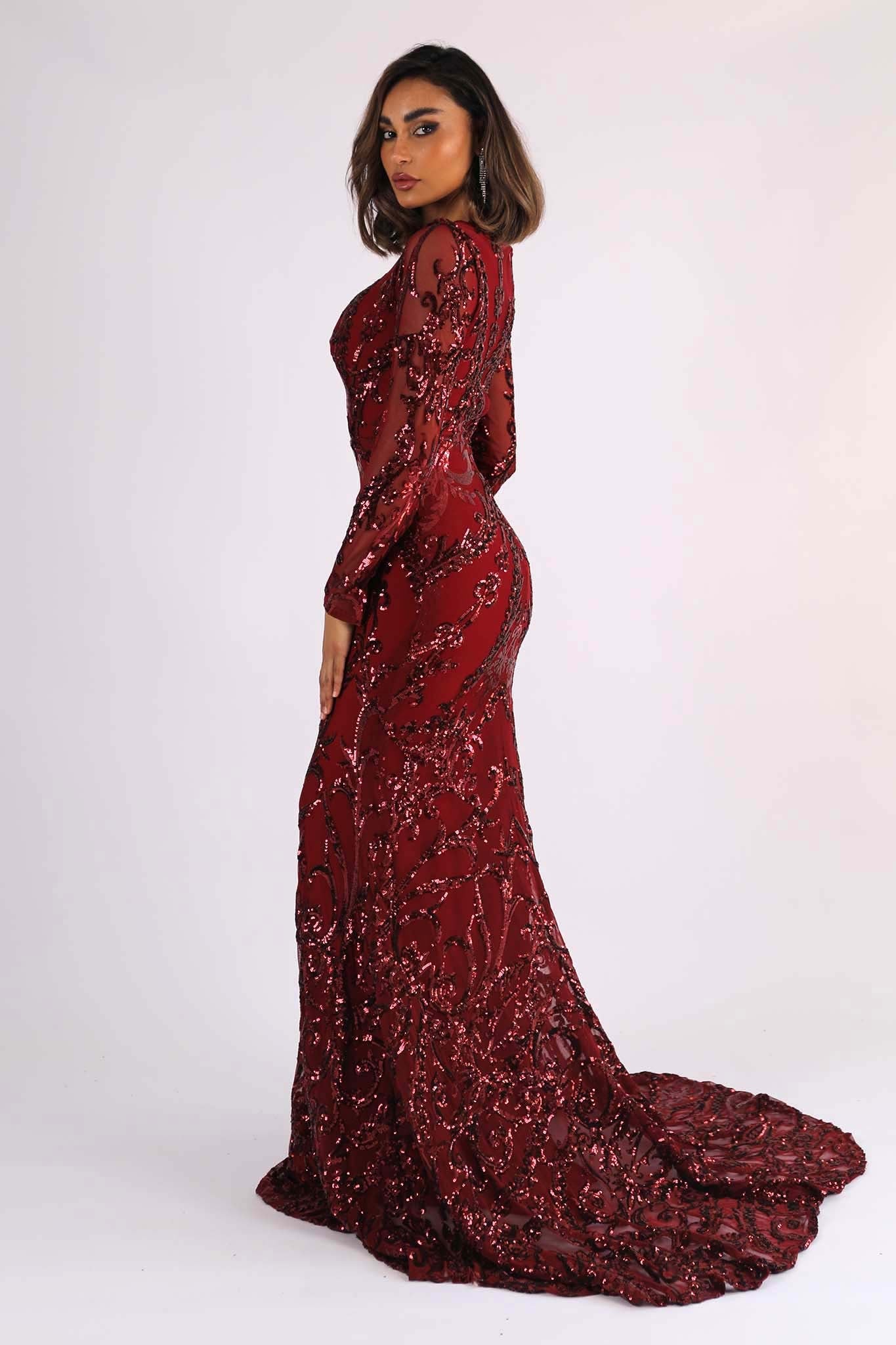 AMANI Long Sleeve Sequin Gown - Wine 6XL AMANI Long Sleeve Sequin Gown - Wine 6XL