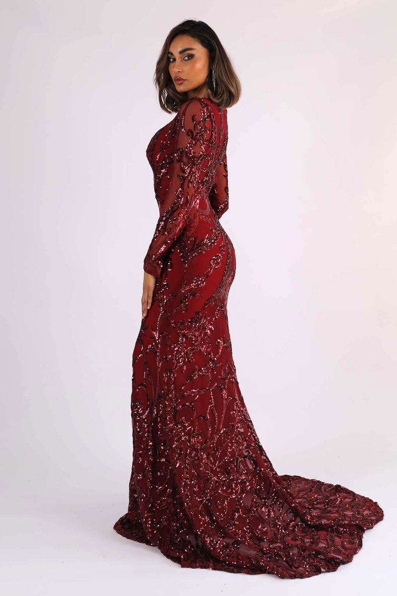 AMANI Long Sleeve Sequin Gown - Wine 6XL AMANI Long Sleeve Sequin Gown - Wine 6XL