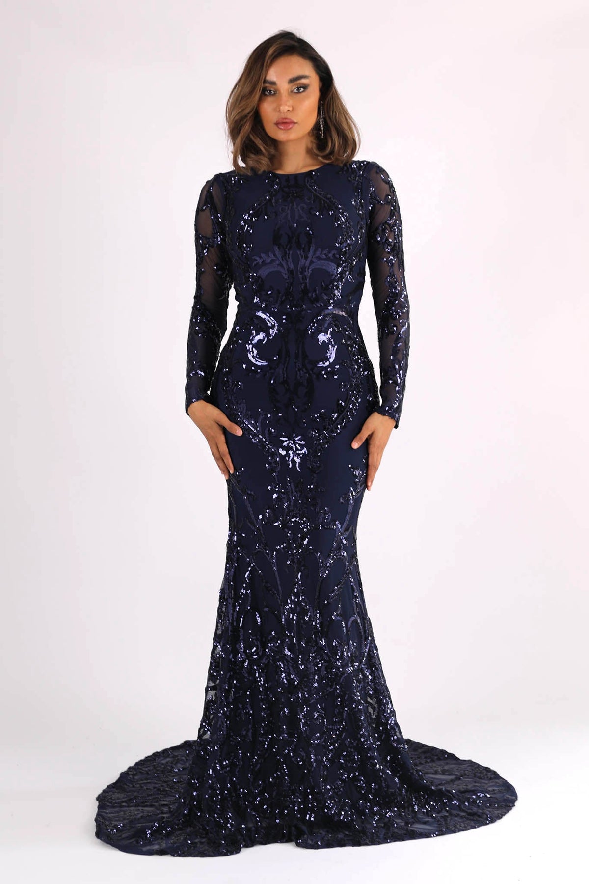 Deep Blue Long Sleeve Pattern Sequin Floor Length Evening Gown with Round Neck and Fit & Flare Silhouette