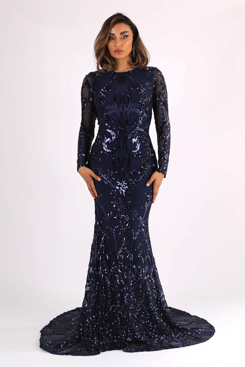 AMANI Long Sleeve Sequin Gown - Navy NB LUXE AMANI Long Sleeve Sequin Gown - Navy NB LUXE