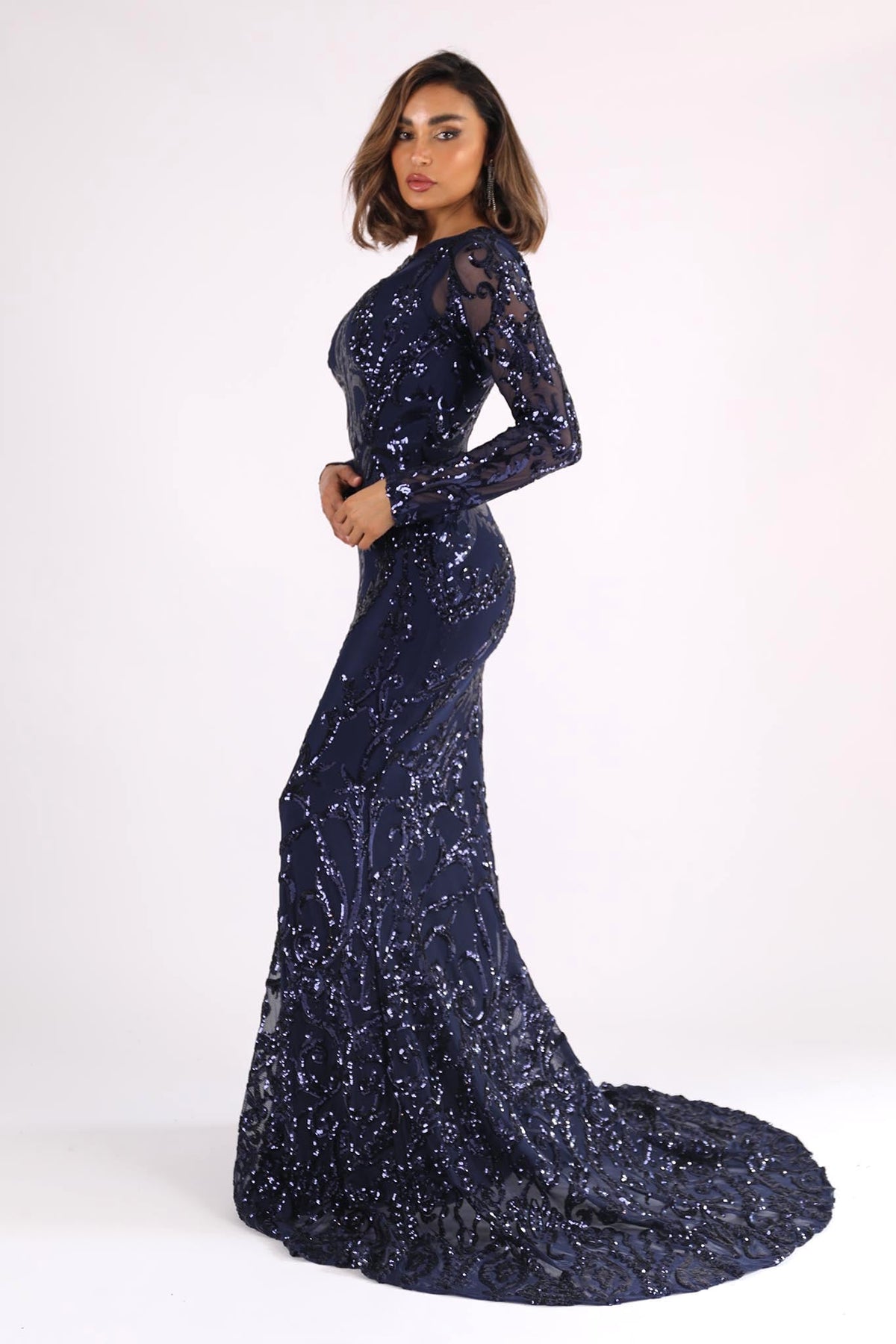 Side Image of Deep Blue Long Sleeve Pattern Sequin Floor Length Evening Gown with Round Neck and Fit & Flare Silhouette