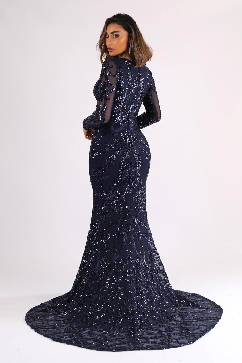 Back Image of Deep Blue Long Sleeve Pattern Sequin Floor Length Evening Gown with Round Neck and Fit & Flare Silhouette