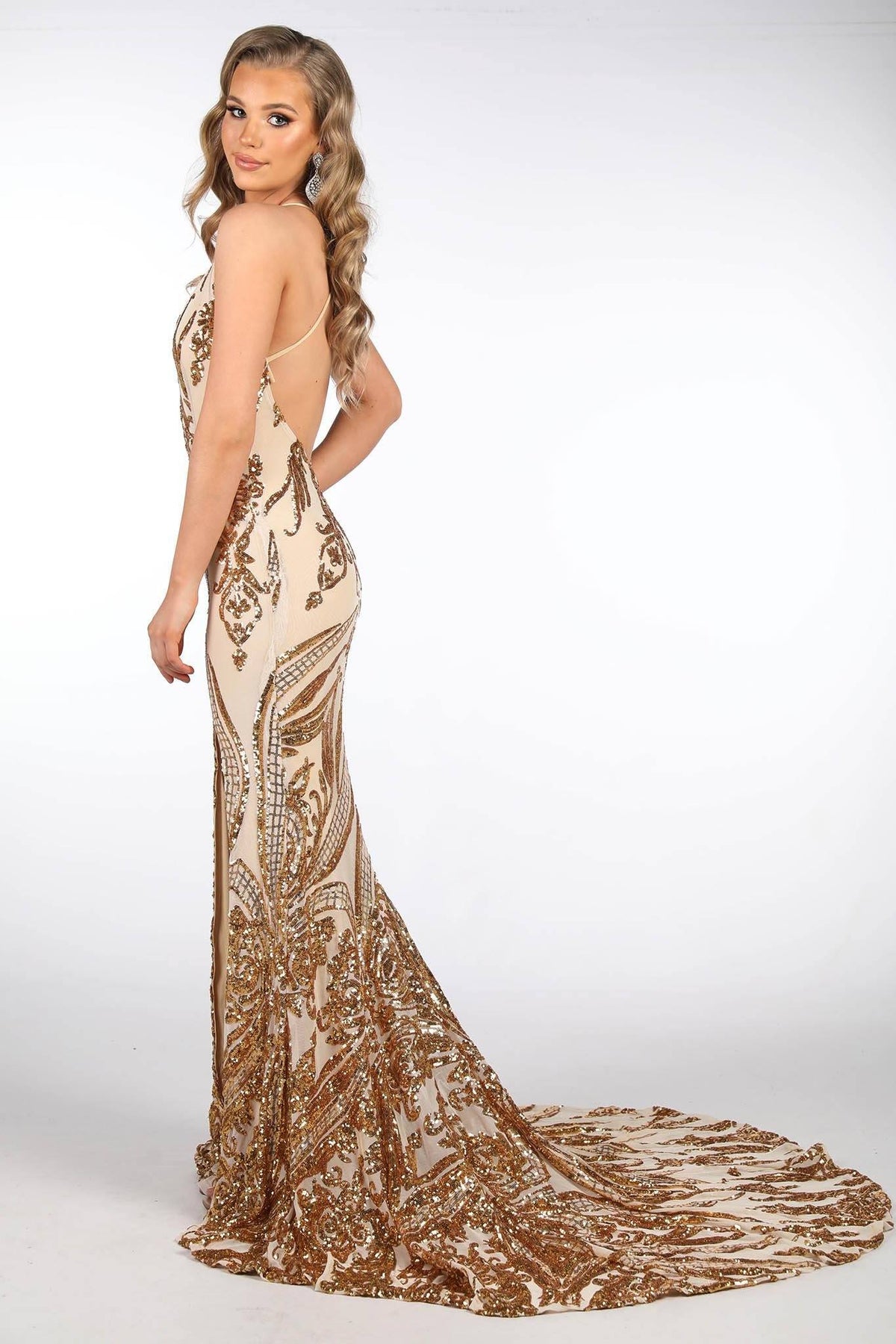 Ariella Side Slit Pattern Sequin Gown - Gold