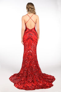 Ariella Side Slit Pattern Sequin Gown - Red