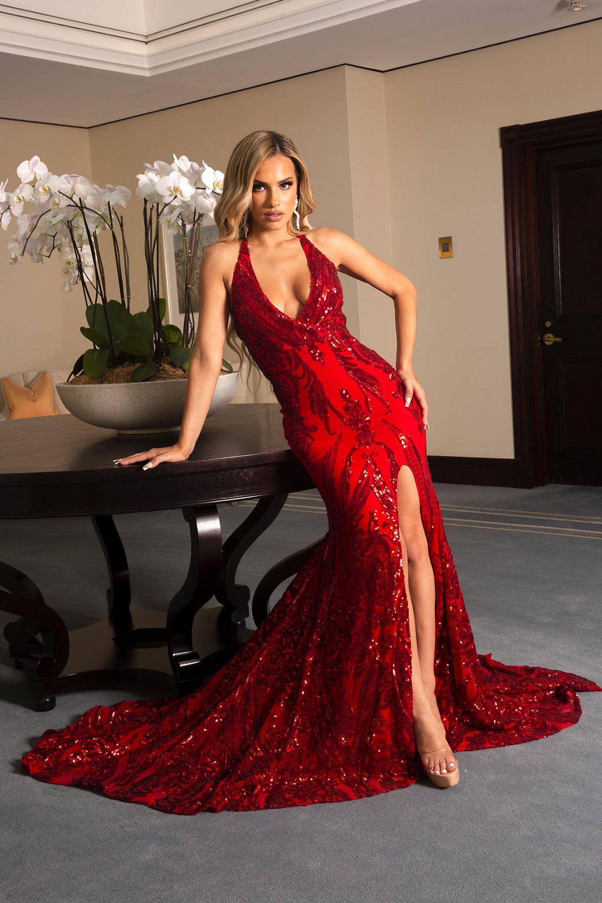 Ariella Side Slit Pattern Sequin Gown - Red NB LUXE Ariella Side Slit Pattern Sequin Gown - Red NB LUXE