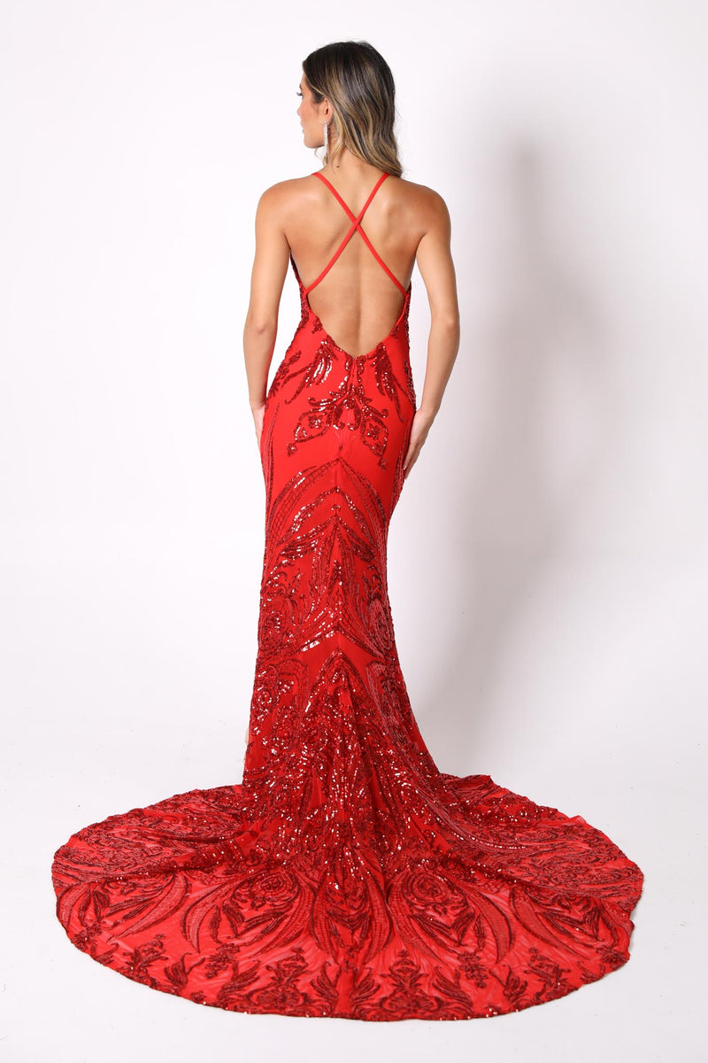 Ariella Side Slit Pattern Sequin Gown - Red NB LUXE Ariella Side Slit Pattern Sequin Gown - Red NB LUXE