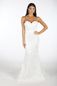 White Lace Full Length Wedding Dress with Sweetheart Neckline, Thin Spaghetti Straps, Satin Belt, Mermaid Skirt and Long Train